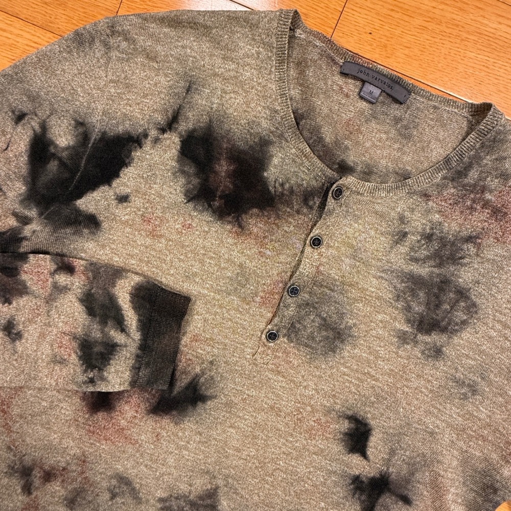 John Varvatos Merino Wool Linen Tie Dye Henley Sweater Mens Medium Brown Y2992Y1